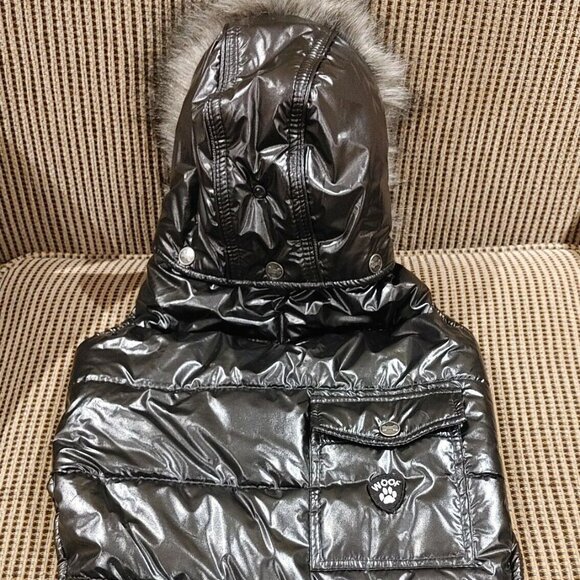 Hotel Doggy Black Hooded Dog Coat Sz L Pocket Detachable Hood Pleather Look - Picture 1 of 7